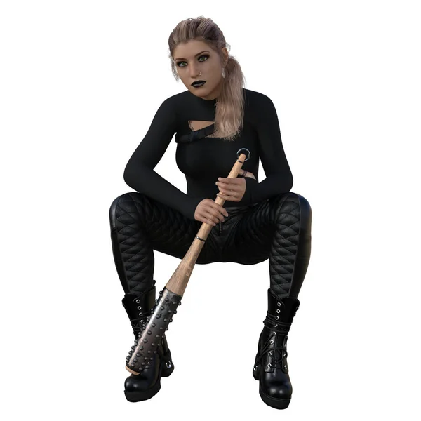 3D çizim, illüstrasyon, şehir fantazisi siyah giyinmiş kadın.