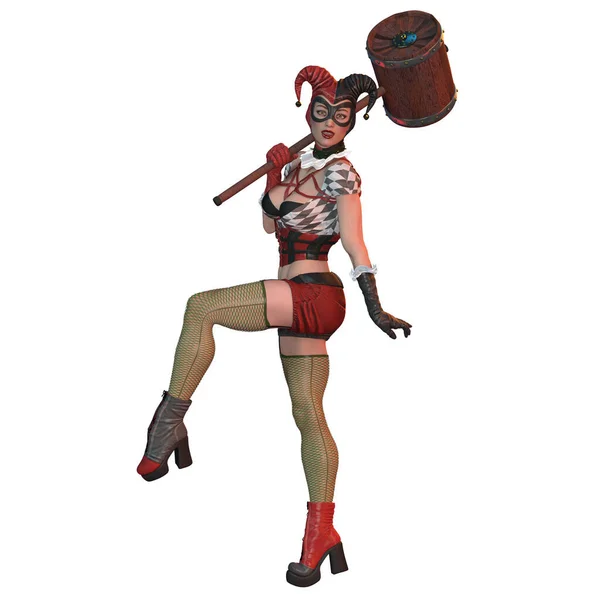 3 boyutlu çizim, illüstrasyon, büyük çekiçli fantezi kadın soytarı.