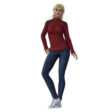 3D çizim, illüstrasyon, şehir fantazisi kadın uzun ince kırmızı bluz, mavi kot pantolon, beyaz spor ayakkabı, sarı saç örgüsü ve farklı renk gözler.