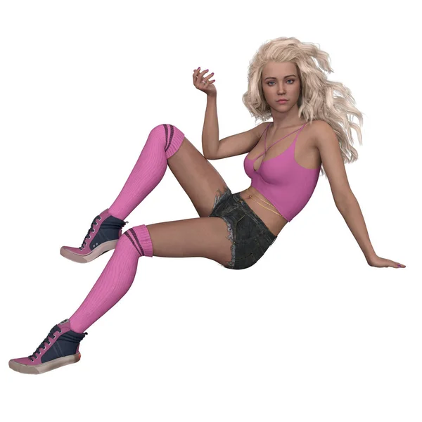 Render Illustration Urban Fantasy Female Pink Top Denim Shorts Long — Stock Photo, Image