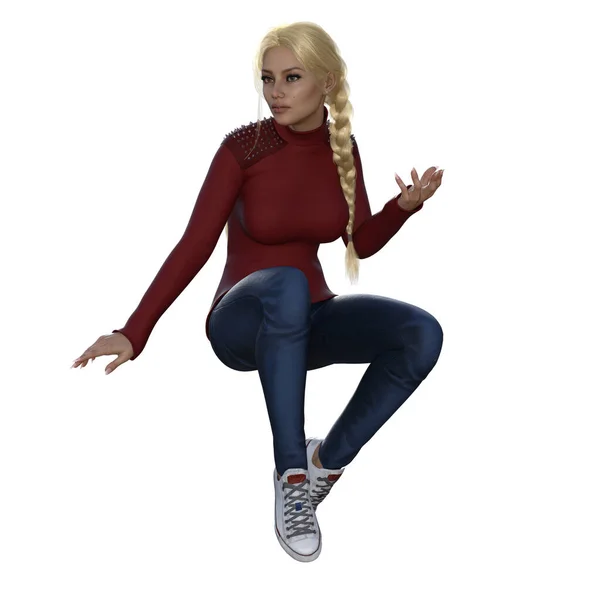 3D çizim, illüstrasyon, şehir fantazisi kadın uzun ince kırmızı bluz, mavi kot pantolon, beyaz spor ayakkabı, sarı saç örgüsü ve farklı renk gözler.