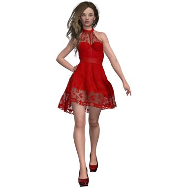 3D çizim, illüstrasyon, şehirli fantezi esmer kadın kırmızı kokteyl elbisesi