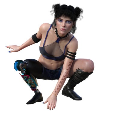 3D çizim, illüstrasyon, protez bacaklı fit bir kadın.