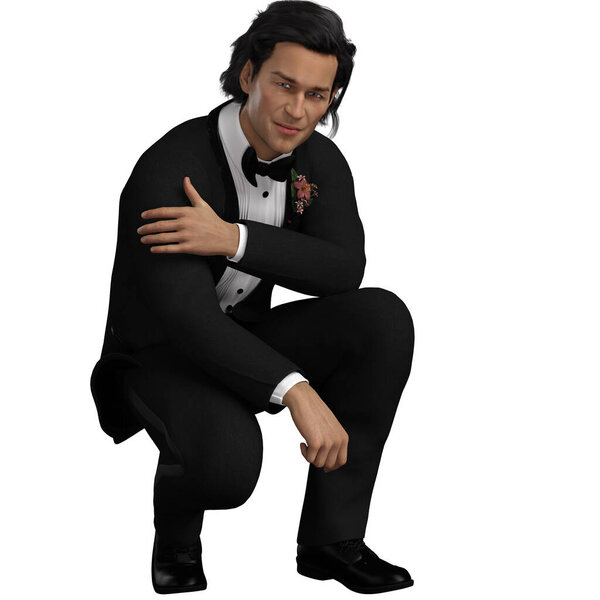 3D render, illustration, caucasion man in tuxedo