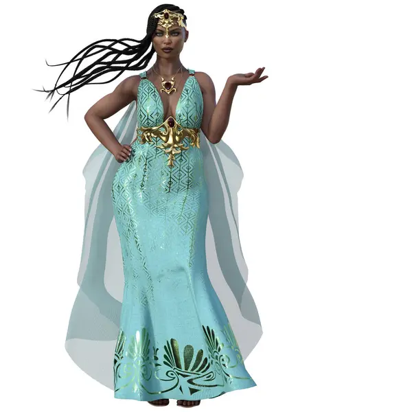 Render Illustration Fantasy African Woman Cyan Dress — Stock Photo, Image