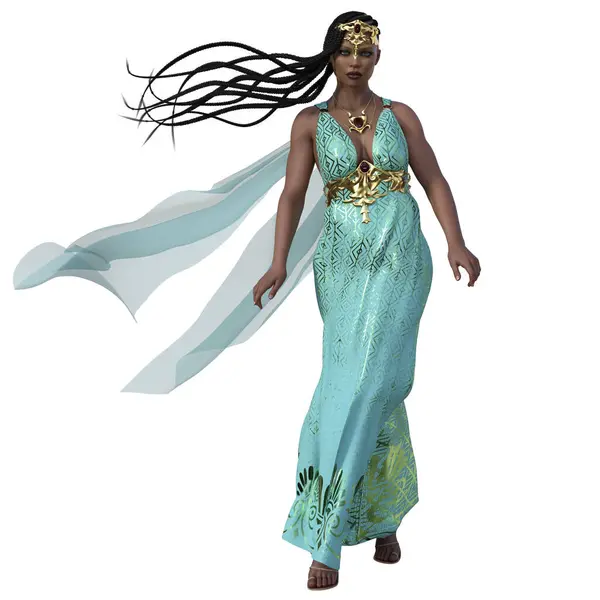 Render Illustration Fantasy African Woman Cyan Dress — Stock Photo, Image