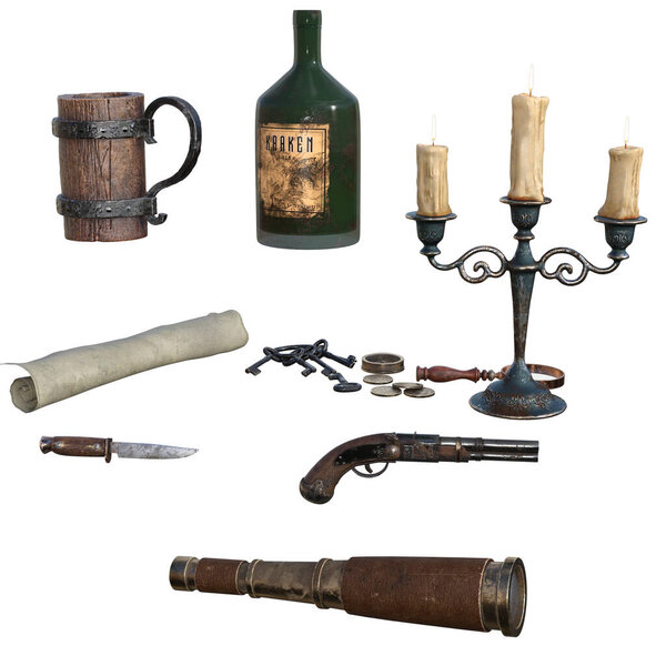 3D рендеринг, иллюстрация, пиратский реквизит