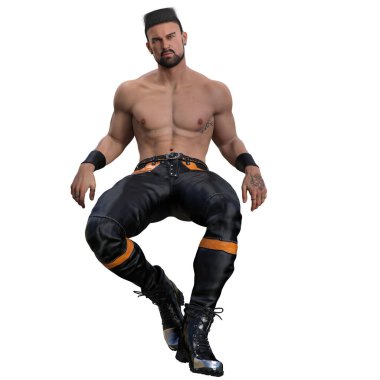 3 boyutlu çizim, illüstrasyon, üstsüz kaslı, erkek, koyu saçlı sakallı.,