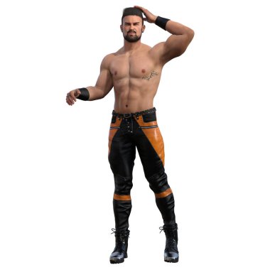 3 boyutlu çizim, illüstrasyon, üstsüz kaslı, erkek, koyu saçlı sakallı.,