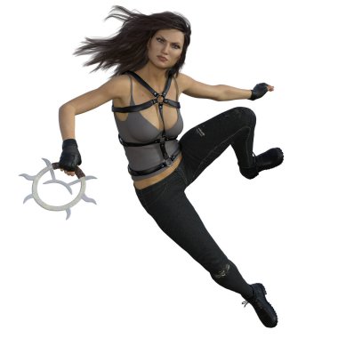 3D render, illustration, urban fantasy female with body harness and chakram clipart