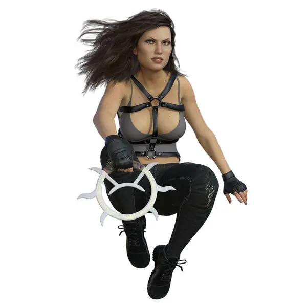 3 boyutlu tasarım, illüstrasyon, şehir fantazisi kadın vücut koşum takımı ve chakram