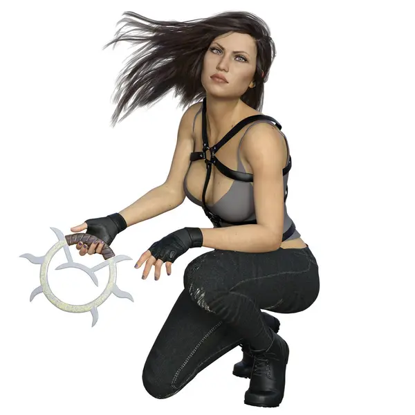 3 boyutlu tasarım, illüstrasyon, şehir fantazisi kadın vücut koşum takımı ve chakram