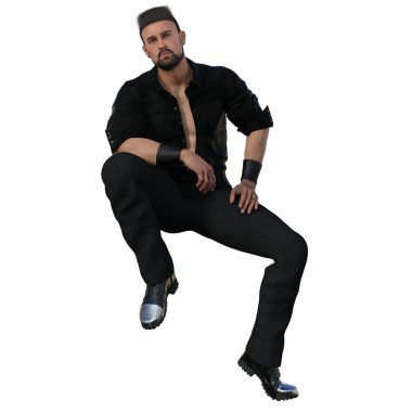 3D çizim, illüstrasyon, şehir fantazisi, siyah giyen seksi erkek.