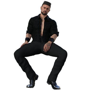 3D çizim, illüstrasyon, şehir fantazisi, siyah giyen seksi erkek.