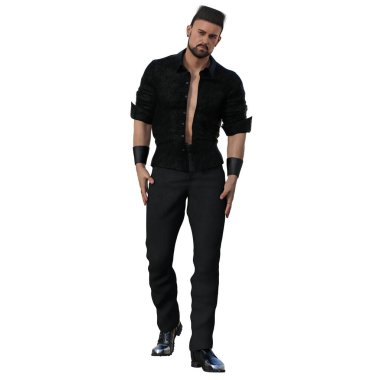 3D çizim, illüstrasyon, şehir fantazisi, siyah giyen seksi erkek.