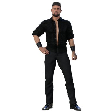 3D çizim, illüstrasyon, şehir fantazisi, siyah giyen seksi erkek.