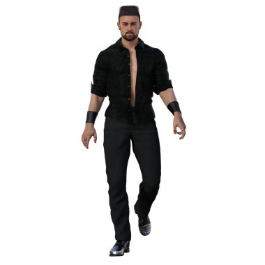 3D çizim, illüstrasyon, şehir fantazisi, siyah giyen seksi erkek.