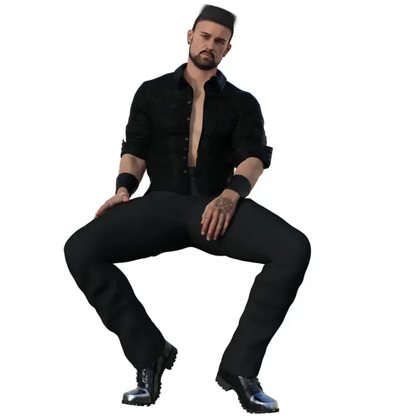 3D çizim, illüstrasyon, şehir fantazisi, siyah giyen seksi erkek.