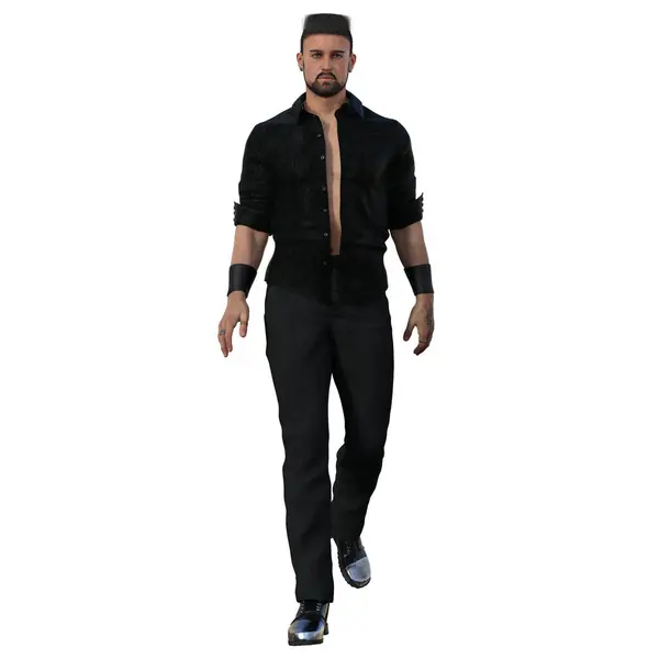 3D çizim, illüstrasyon, şehir fantazisi, siyah giyen seksi erkek.