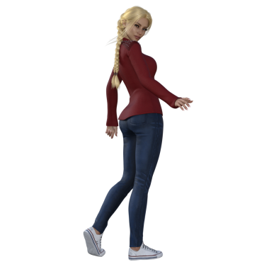 şehir fantazisi genç kadın uzun sarı örgüler, mavi kot pantolon ve sivri uçlu kırmızı bluz.