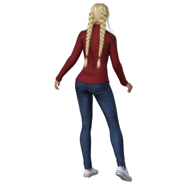 şehir fantazisi genç kadın uzun sarı örgüler, mavi kot pantolon ve sivri uçlu kırmızı bluz.