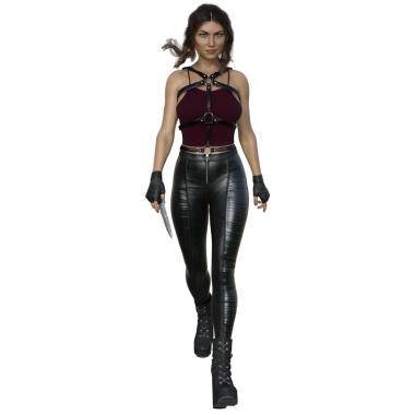 3D çizim, illüstrasyon, şehirli fantezi esmer kadın, kahverengi gözler, siyah deri çizmeler, bordo bluz ve vücut kemeri.