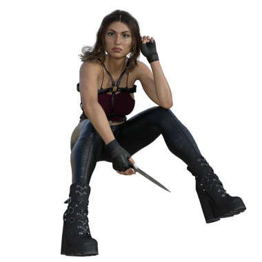 3D çizim, illüstrasyon, şehirli fantezi esmer kadın, kahverengi gözler, siyah deri çizmeler, bordo bluz ve vücut kemeri.