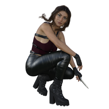 3D çizim, illüstrasyon, şehirli fantezi esmer kadın, kahverengi gözler, siyah deri çizmeler, bordo bluz ve vücut kemeri.