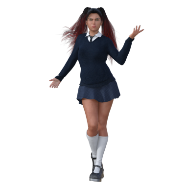 3D çizim, illüstrasyon, uzun kızıl saçlı, mavi okul üniformalı genç cadı kız. 