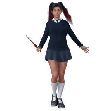 3D çizim, illüstrasyon, uzun kızıl saçlı, mavi okul üniformalı genç cadı kız. 