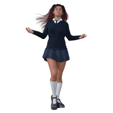 3D çizim, illüstrasyon, uzun kızıl saçlı, mavi okul üniformalı genç cadı kız. 