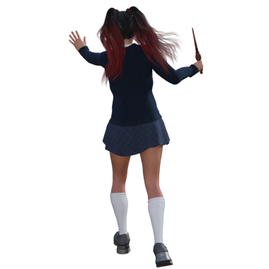 3D çizim, illüstrasyon, uzun kızıl saçlı, mavi okul üniformalı genç cadı kız. 