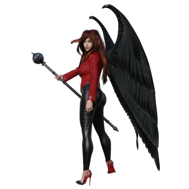 3 boyutlu tasvir, illüstrasyon, şeytani kanatları ve asası olan şehir fantazisi kadın.