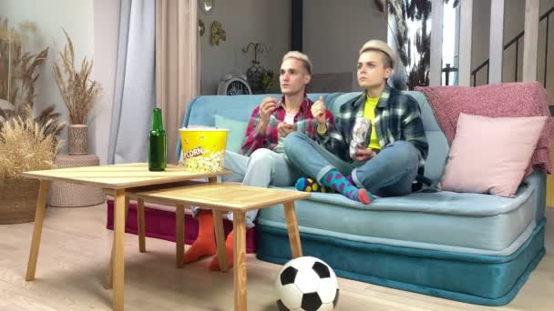 Two Young Adult Heterosexual Soccer Fans Cheering Sport Team Watching — Stock Video