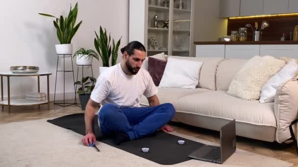 Calm Mid Adult Man Sportswear Preparing Meditation Sitting Yoga Mat — Vídeo de Stock