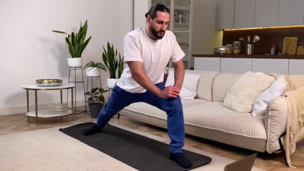 Athletic Mid Adult Man Exercising Home Stretching Warming Training Using — Stock videók