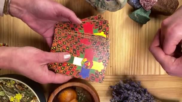 Female Fortune Teller Holding Esoteric Session Using Tarot Cards Indoors — Stock Video