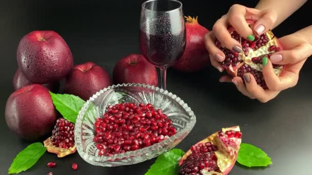 Composition Ripe Red Fruits Glass Wine Juice While Female Hands — Stock Video