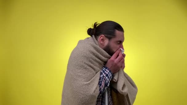 Portrait Sick Mid Adult Man Sneezing Blowing Nose Paper Napkin — Stock Video