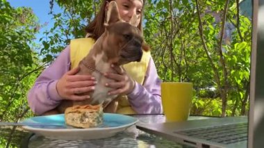 Evcil köpekle sohbet eden sevimli yetişkin bir kadın video haberleşme servisi aracılığıyla evcil hayvan dostu kafeterya masasında oturarak arkadaşlarıyla sohbet ediyor. Kentsel yaşam tarzı konsepti