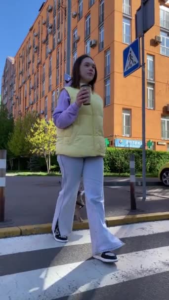 Verticale Colpo Giovane Donna Cammina Piccolo Cane Guinzaglio Attraversare Strada — Video Stock