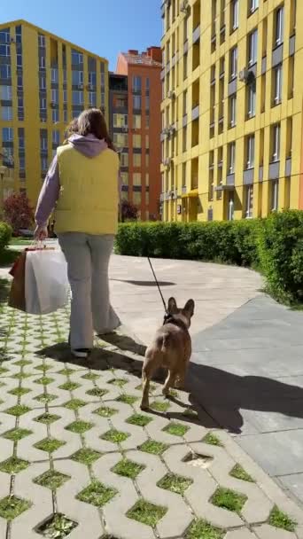 Pandangan Belakang Vertikal Wanita Dewasa Muda Pembelanja Berjalan Anjing Memegang — Stok Video