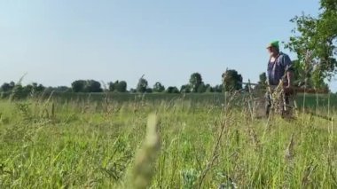 Tam uzunlukta kalem resmi, tarlada iş arayan şık sakallı zanaatkar şafak vakti tuval boyama sehpası boyuyor. Doğada ilham, manzara. Yaratıcı meslek