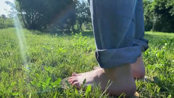 在青草上进行集中冥想练习时 一只无法辨认的雄性脚站在萨杜尼尔床板上的特写 瑜伽运动员在室外练习瑜伽 平衡概念 — 图库视频影像