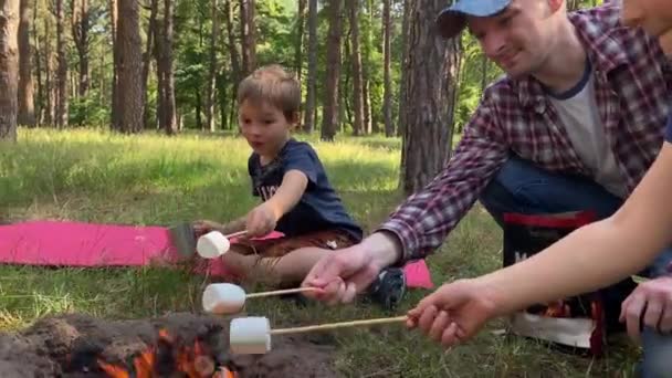 Deliciosa Viagem Acampamento Família Pai Crianças Reúnem Torno Fogueira Para — Vídeo de Stock