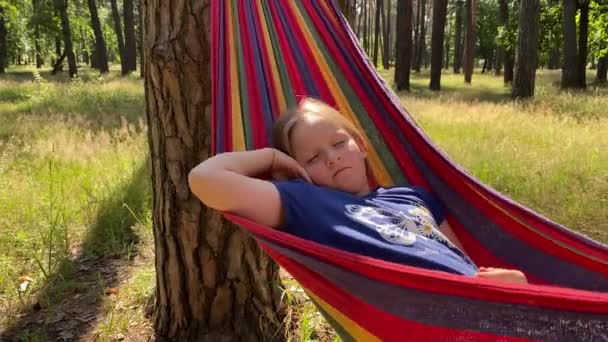Rustige Familie Camping Trip Buitenlucht Pre Tiener Meisje Ontspannen Hangmat — Stockvideo
