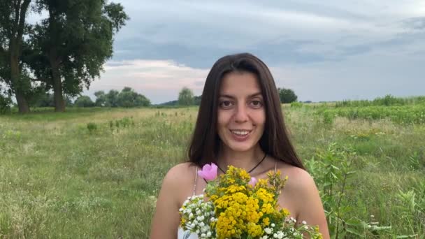 Resimli Çok Kültürlü Genç Bir Kadın Kameraya Bakarak Gülümsüyor Kır — Stok video