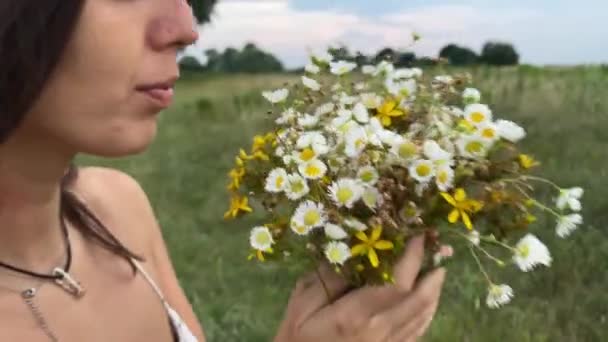 Çok Irklı Giyinmiş Genç Bir Kadın Alacakaranlıktaki Pitoresk Çayırlarda Vakit — Stok video