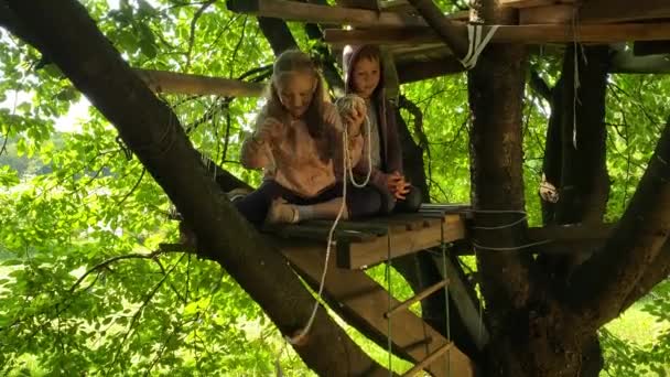 Uprostřed Útulného Domku Stromě Děti Užívají Hravé Chvíle Roztomilá Dívka — Stock video