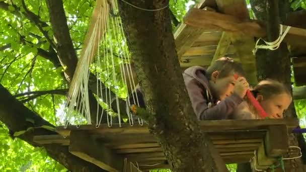 Crianças Cheias Maravilha Imaginação Brincam Dentro Casa Árvore Crianças Observam — Vídeo de Stock